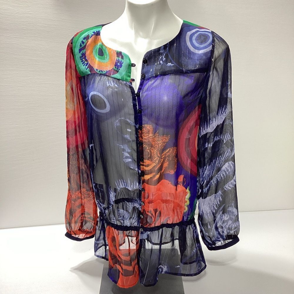 Desigual Sheer Blouse Size M Blue Shimmer Stripe Button Front Long Sleeve